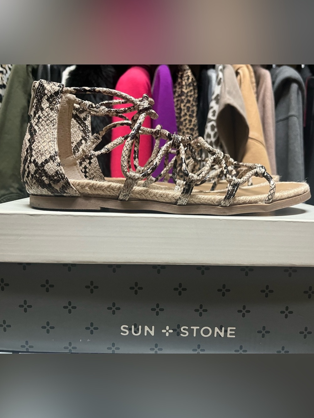 Sun + Stone Braided Snake-Print Gladiator Sandal zip back in Beige and Black